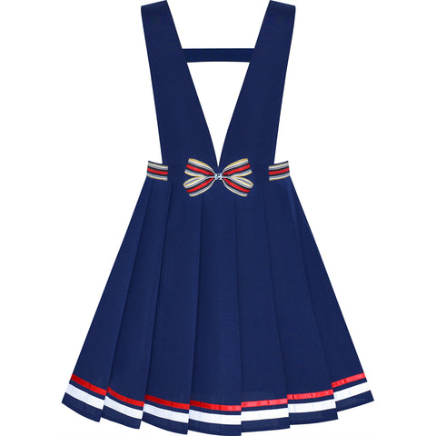 Girls Dress Blue Suspender Skirt School Uniform Bow Tie Size 7-14 Years