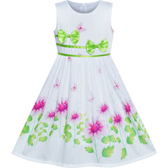 Girls Dress Flower Green Bow Tie Summer Sundress Size 4-12 Years