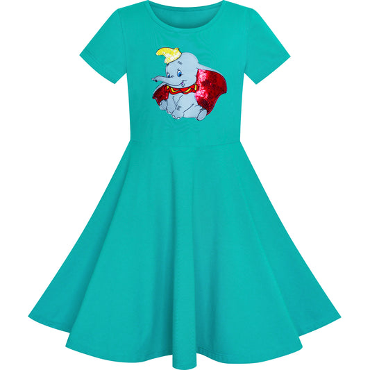 Girls Dress Green Elephant Dumbo Embroidered Short Sleeve Size 4-8 Years