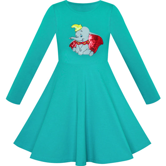 Girls Dress Green Elephant Dumbo Embroidered Long Sleeve Size 4-8 Years