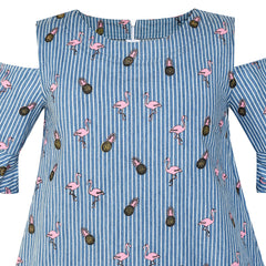 Girls Cold Shoulder Dress Denim Blue Pineapple Flamingo Size 6-12 Years