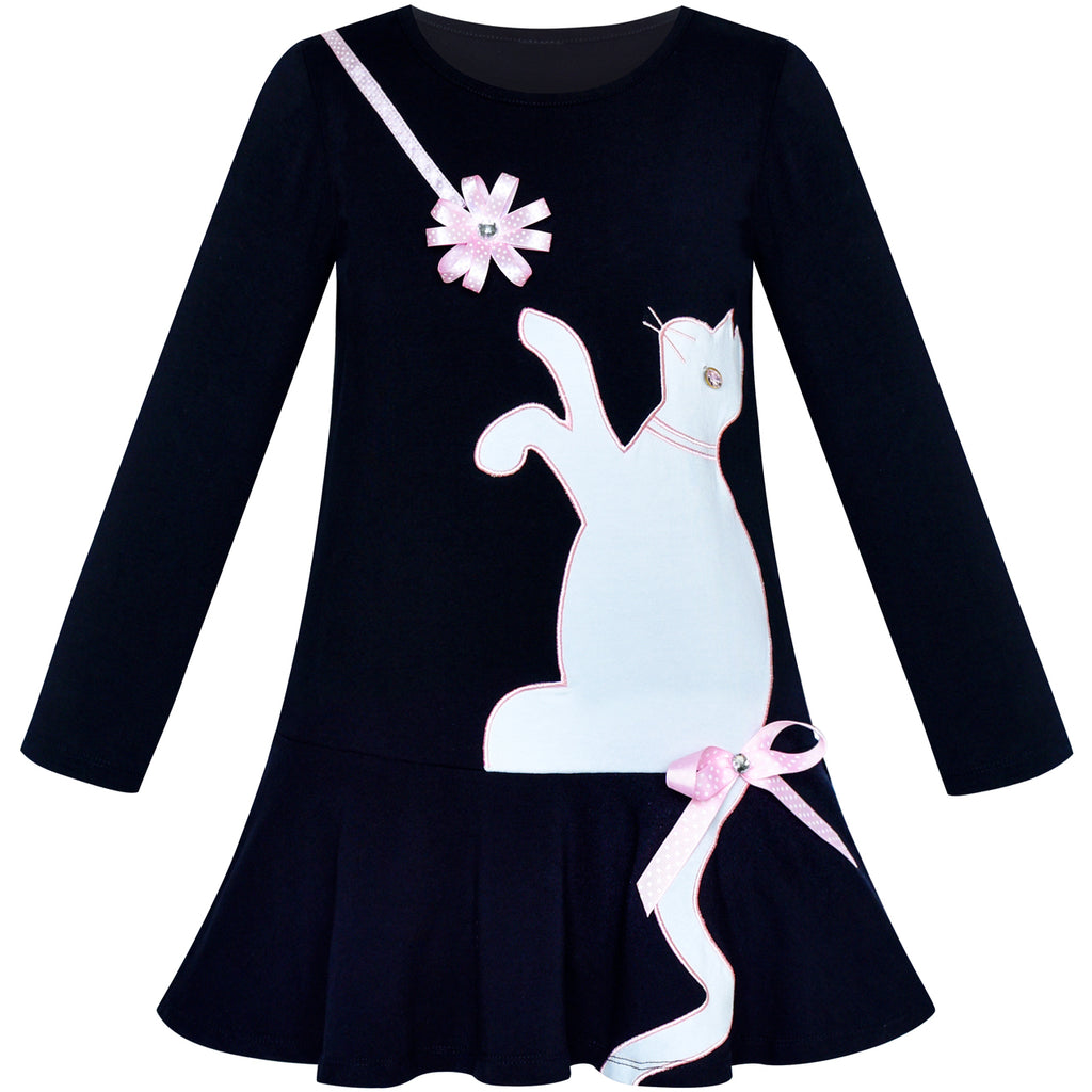 Girls Dress Cotton Casual Long Sleeve Cat Embroidered Size 3-7 Years