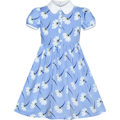 Girls Dress School Uniform Blue Flower Striped Print White Collar Size 4-10 Years
