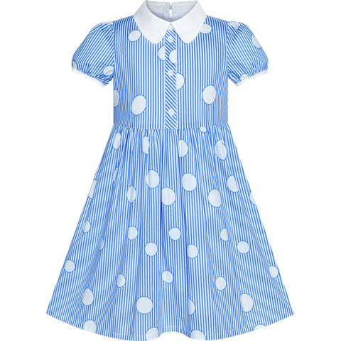 Girls Dress School Uniform Blue Polka Dot White Collar Size 4-10 Years