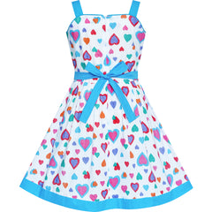 Girls Dress Colorful Heart Blue Bow Tie Summer Sundress Size 4-12 Years