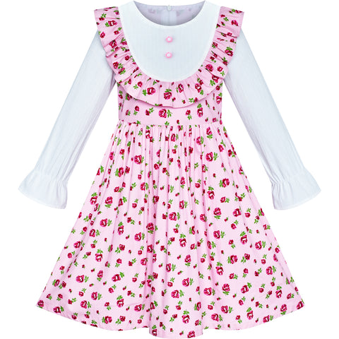 Girls Dress Flower Long Sleeve Cotton Causal Dress Size 3-12 Years