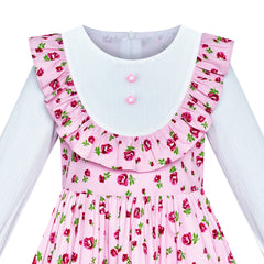 Girls Dress Pink Flower Long Sleeve Cotton Causal Dress Size 4-8 Years