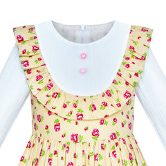 Girls Dress Yellow Floral Long Sleeve Cotton Causal Dress Size 4-8 Years