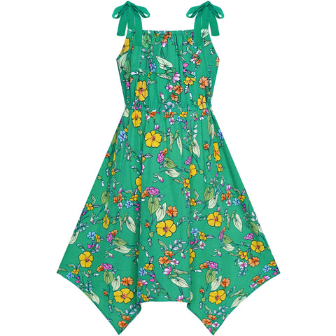 Girls Dress Green Flower Asymmetrical Hem Skirt Tank Dress Size 7-14 Years