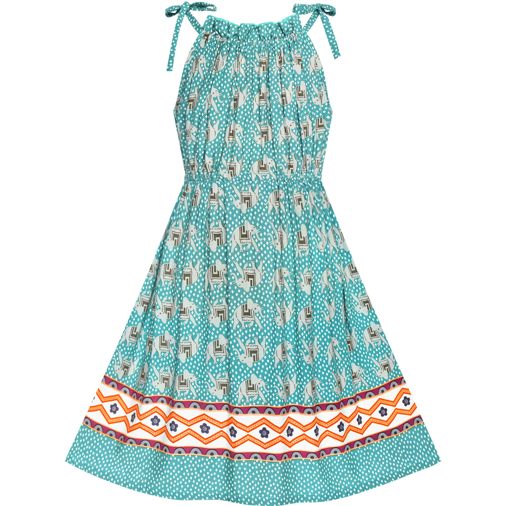 Girls Dress Blue Elephant Cotton Casual Summer Sundress Size 4-8 Years