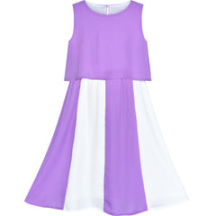 Girls Dress Color Blocks Purple White Chiffon Party Size 6-12 Years