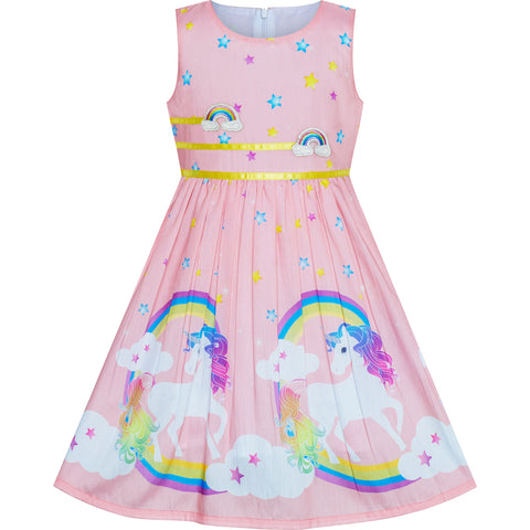 Girls Dress Light Pink Unicorn Rainbow Summer Sundress Size 4-12 Years