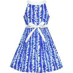 Girls Dress Blue White Bow Tie Beach Halter Dress Size 6-12 Years