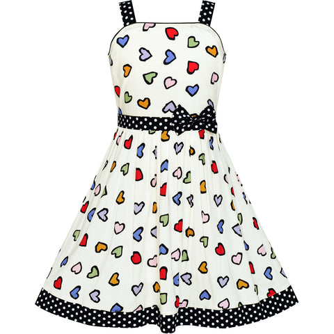 Girls Dress Colorful Heart Black Dot Bow Tie Summer Sundress Size 4-12 Years