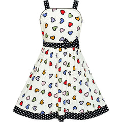 Girls Dress Colorful Heart Black Dot Bow Tie Summer Sundress Size 4-12 Years