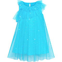 Girls Dress Blue Sparkling Tulle Ruffle Wedding Bridesmaid Size 4-8 Years