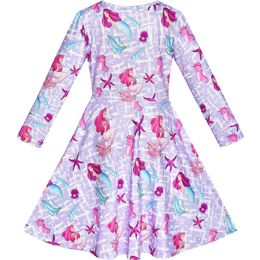 Girls Dress Mermaid Sea Star Shell Long Sleeve Casual Dress Size 5-10 Years