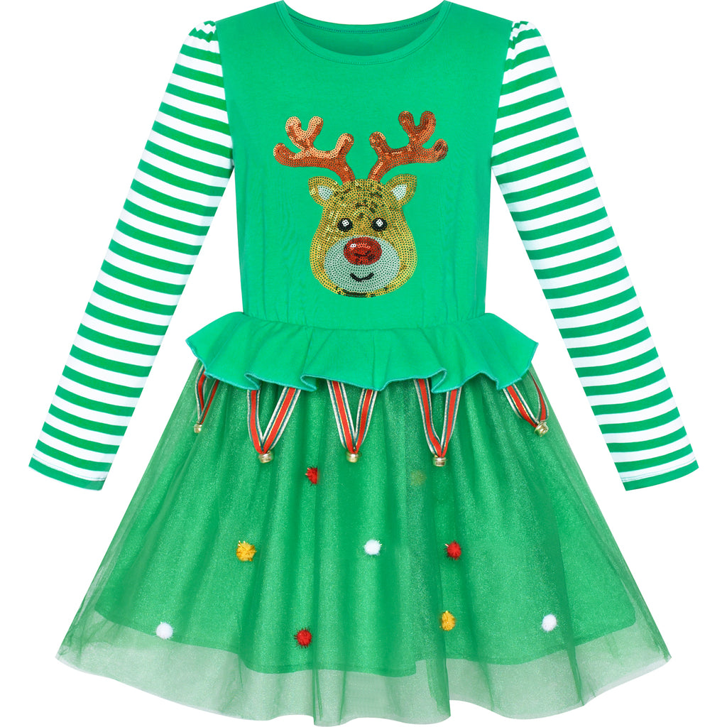 Girls Dress Christmas Reindeer Jingle Bell Party Holiday Dress Size 3-7 Years