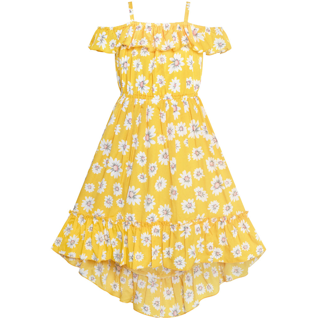 Girls Dress Off Shoulder Yellow Chiffon Floral Hi-Low Party Size 6-12 Years