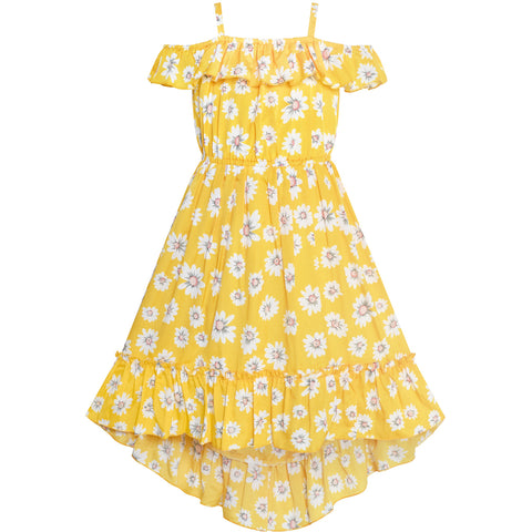Girls Dress Off Shoulder Yellow Chiffon Floral Hi-Low Party Size 6-12 Years