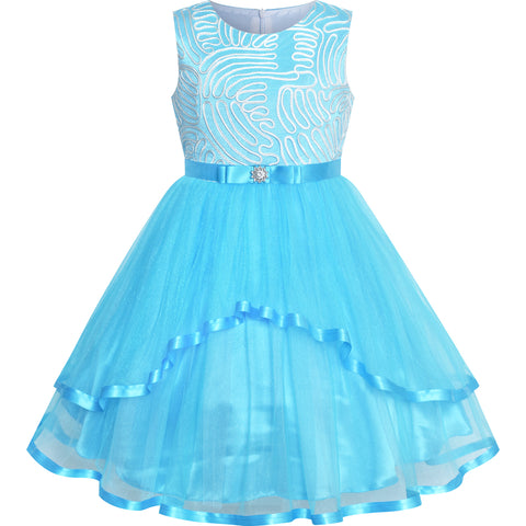 Flower Girls Dress Sky Blue Belted Wedding Party Bridesmaid Size 4-12 Years