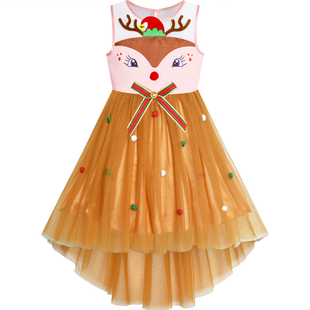 Girls Dress Reindeer Christmas Hat Jingle Bell Holiday Party Size 4-10 Years