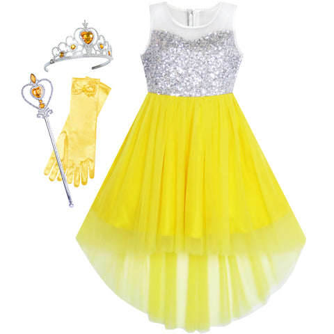 Girls Dress Yellow Hi-low Magic Wand Princess Crown Dress Up Costume Size 7-14 Years