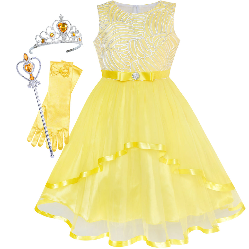 Flower Girls Dress Yellow Princess Crown Dress Up Party  Size 4-12 Years