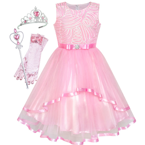 Flower Girls Dress Pink Princess Crown Dress Up Party  Size 4-12 Years