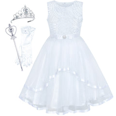 Flower Girls Dress White Princess Crown Dress Up Party  Size 4-12 Years