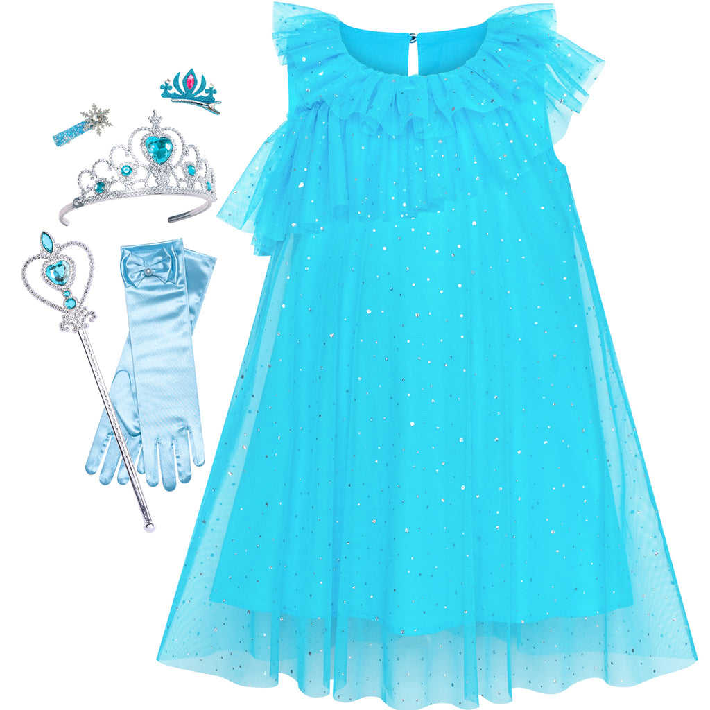 Girls Dress Ice Blue Tulle Ruffle Princess Crown Fairy Wand Clips Size 4-8 Years