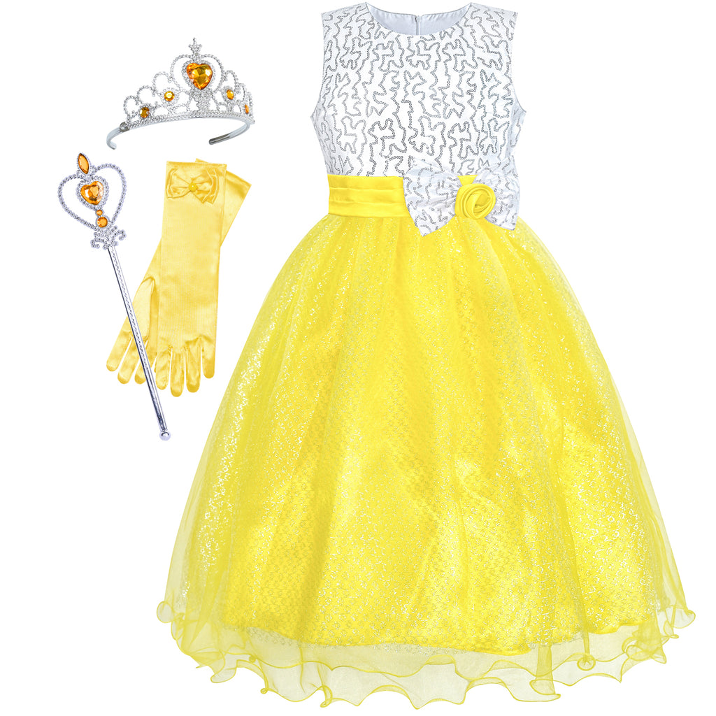Girls Dress Yellow Sequin Crown Gloves Bridesmaid Wedding Pageant Size 4-14 Years
