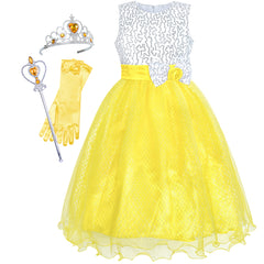 Girls Dress Yellow Sequin Crown Gloves Bridesmaid Wedding Pageant Size 4-14 Years