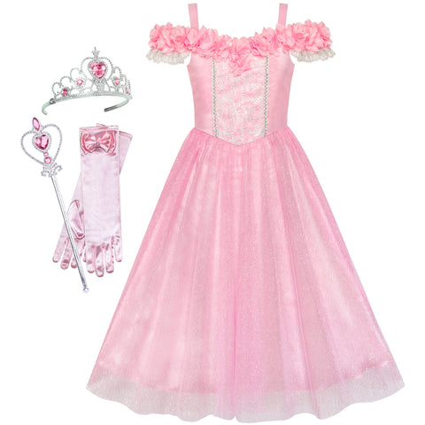 Girls Dress Cold Shoulder Princess Cosplay Crown Wand Size 6-12 Years