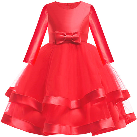 Girls Dress Long Sleeve Red Ball Gown Wedding Party Pageant Size 6-12 Years