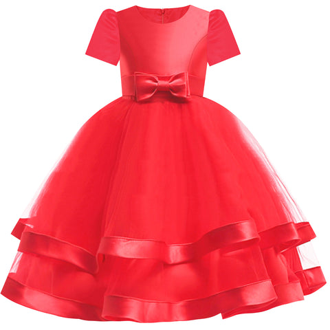 Girls Dress Short Sleeve Red Ball Gown Wedding Party Pageant Size 6-12 Years