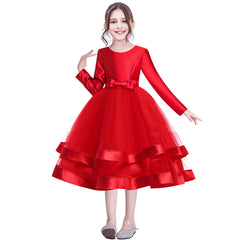 Girls Dress Long Sleeve Burgundy Ball Gown Wedding Party Pageant Size 6-12 Years