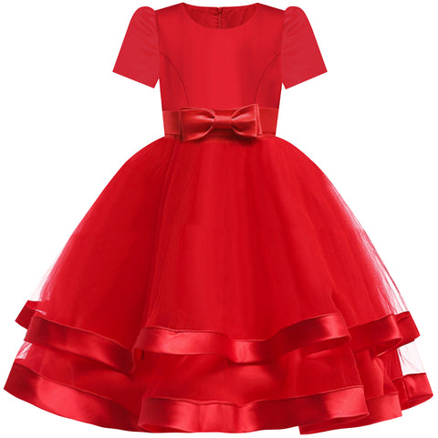 Girls Dress Short Sleeve Burgundy Ball Gown Wedding Party Pageant Size 6-12 Years