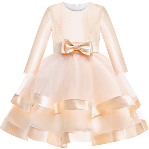 Girls Dress Long Sleeve Champagne Ball Gown Wedding Party Pageant Size 6-12 Years