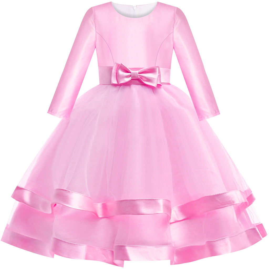 Girls Dress Long Sleeve Pink Ball Gown Wedding Party Pageant Size 6-12 Years