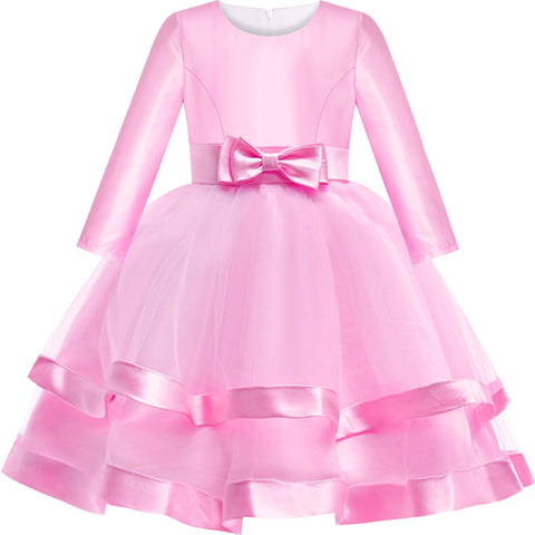 Girls Dress Long Sleeve Pink Ball Gown Wedding Party Pageant Size 6-12 Years