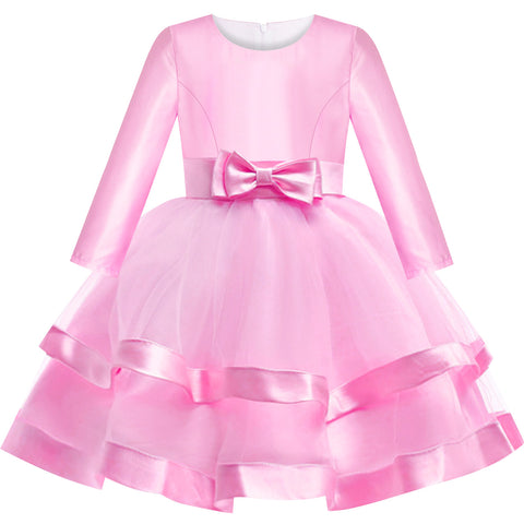 Girls Dress Long Sleeve Pink Ball Gown Wedding Party Pageant Size 6-12 Years