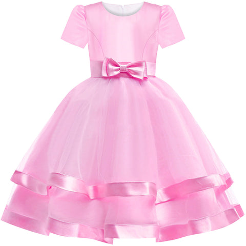 Girls Dress Short Sleeve Pink Ball Gown Wedding Party Pageant Size 6-12 Years