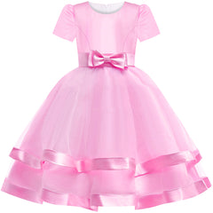 Girls Dress Short Sleeve Pink Ball Gown Wedding Party Pageant Size 6-12 Years