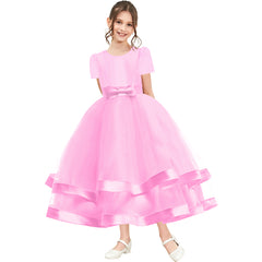 Girls Dress Short Sleeve Pink Ball Gown Wedding Party Pageant Size 6-12 Years