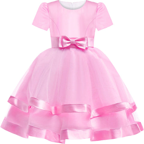 Girls Dress Short Sleeve Pink Ball Gown Wedding Party Pageant Size 6-12 Years