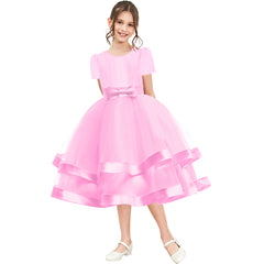 Girls Dress Short Sleeve Pink Ball Gown Wedding Party Pageant Size 6-12 Years