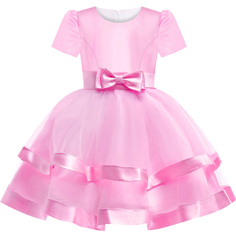 Girls Dress Short Sleeve Pink Ball Gown Wedding Party Pageant Size 6-12 Years