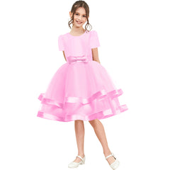Girls Dress Short Sleeve Pink Ball Gown Wedding Party Pageant Size 6-12 Years