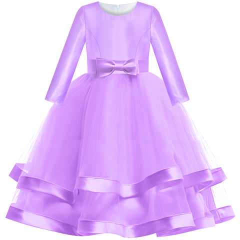 Girls Dress Long Sleeve Purple Ball Gown Wedding Party Pageant Size 6-12 Years